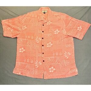 Tommy Bahama Shirt Mens LARGE orange Floral silk Short Sleeve summer Size L